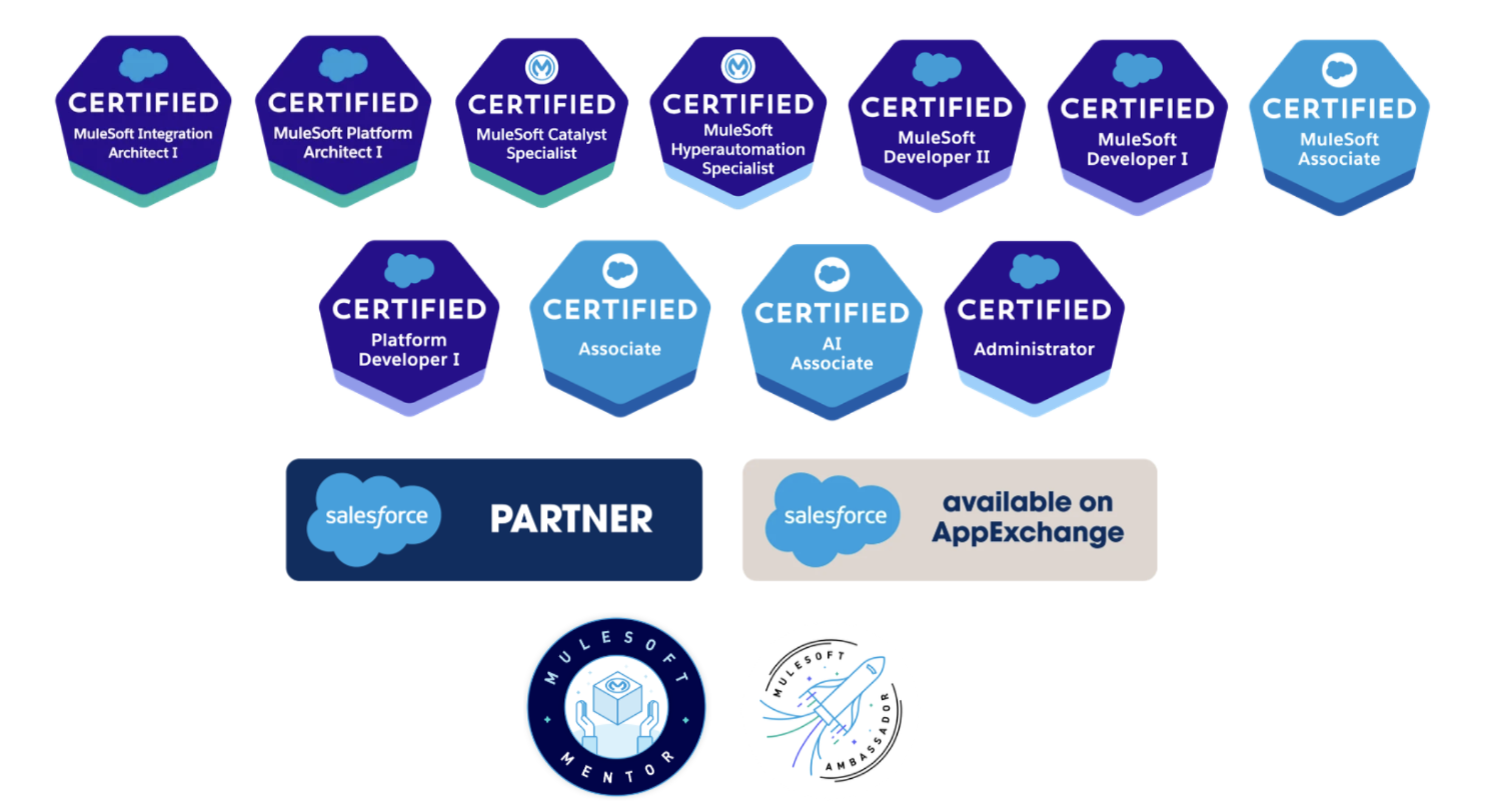 MuleSoft certifications held by Cerena Solutions consultants, including Integration Architect, Platform Architect, Developer, Catalyst, Hyperautomation, Associate, Salesforce Partner, AppExchange, MuleSoft Mentor, and MuleSoft Ambassador credentials